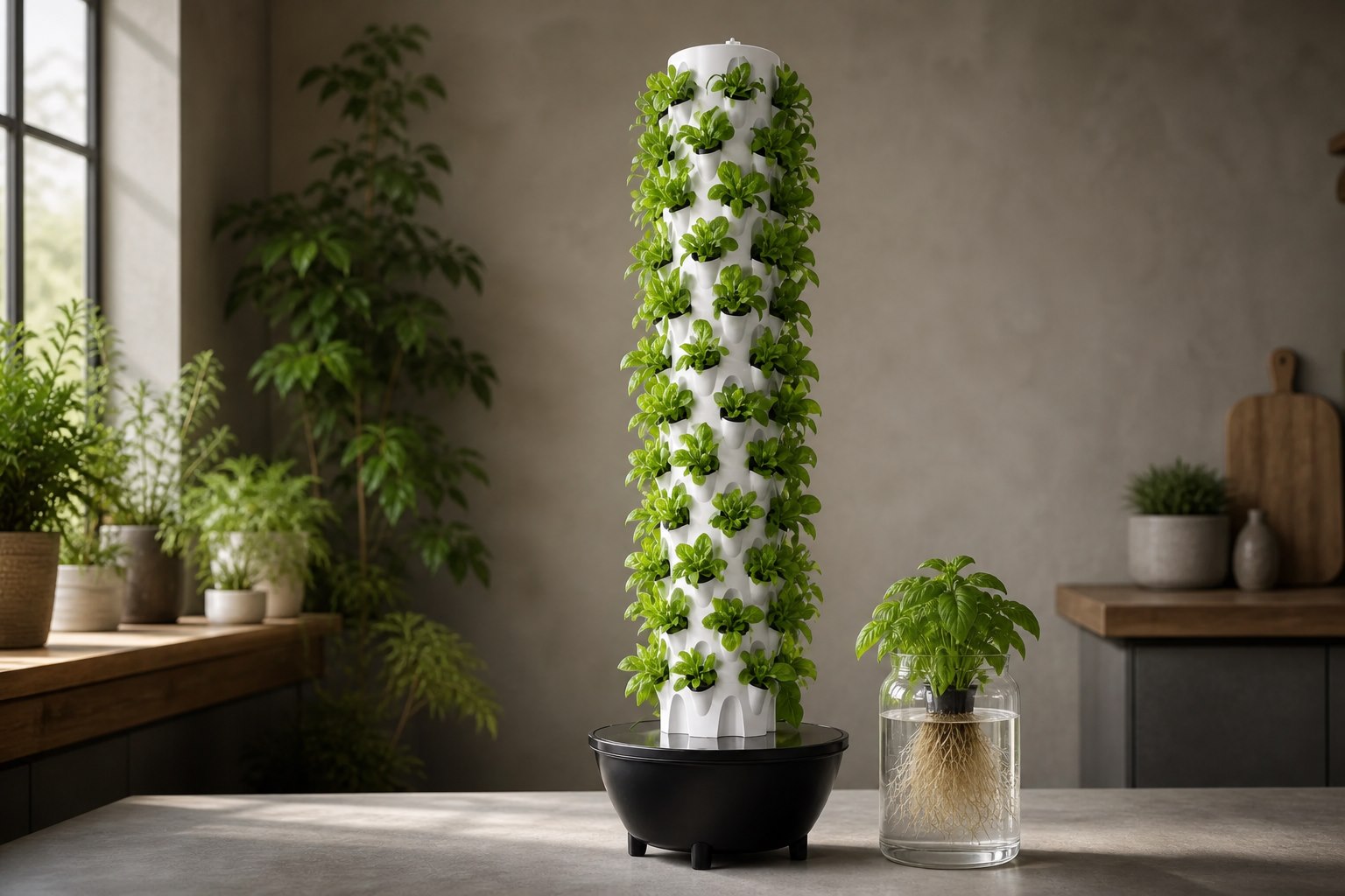 Aeroponics in the Mazah Tower compared to roots in a hydroponic water tank