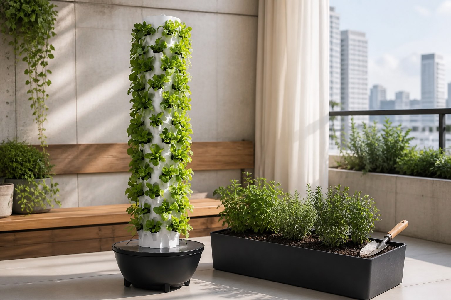 Mazah Dana Tower next to a traditional herb planter with soil