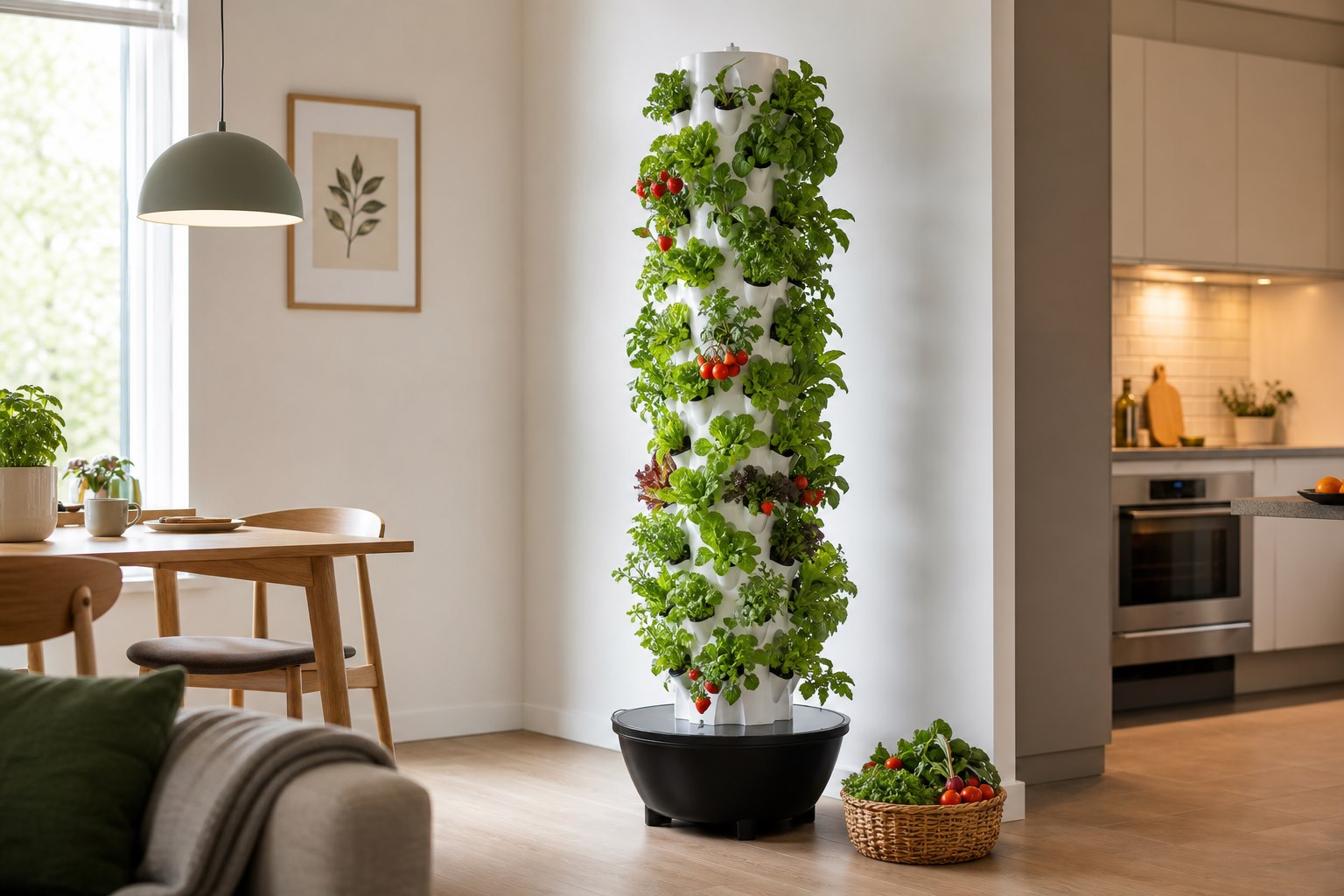 Complete Mazah Tower on the floor with varied herbs, vegetables and small fruit