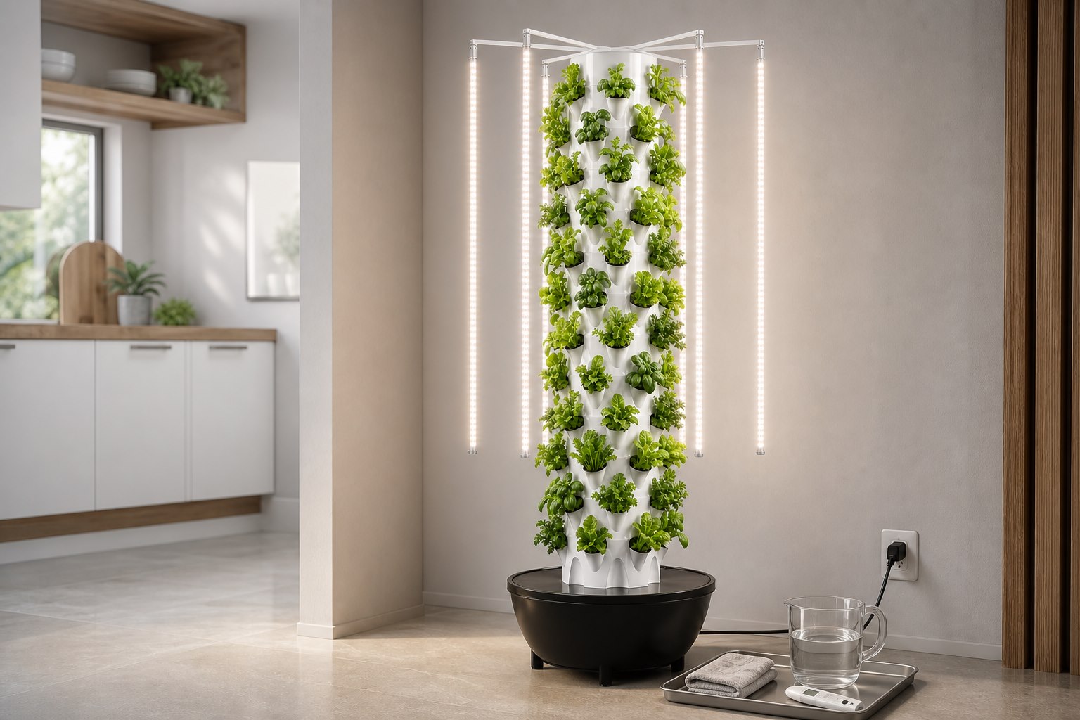 Mazah Eden Tower with LED grow lights and a compact maintenance kit