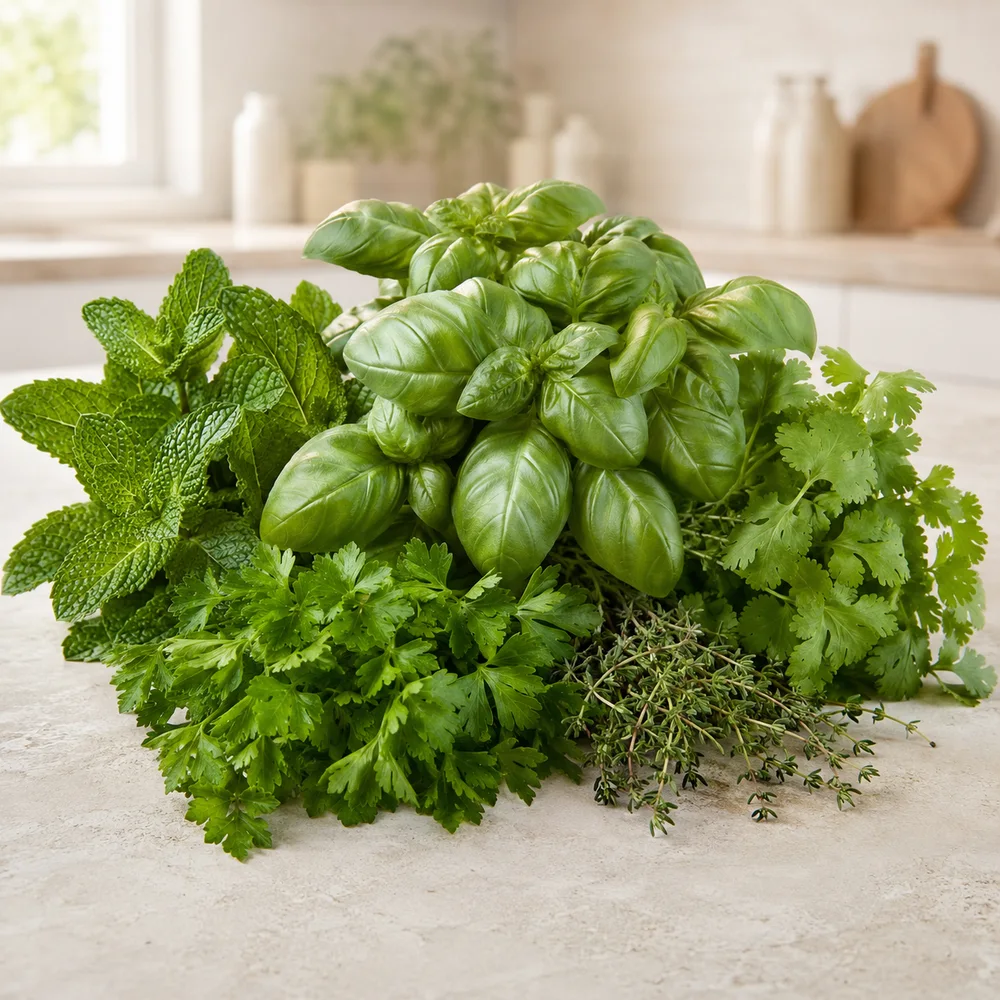 Fresh basil, mint, parsley and coriander growing in the tower