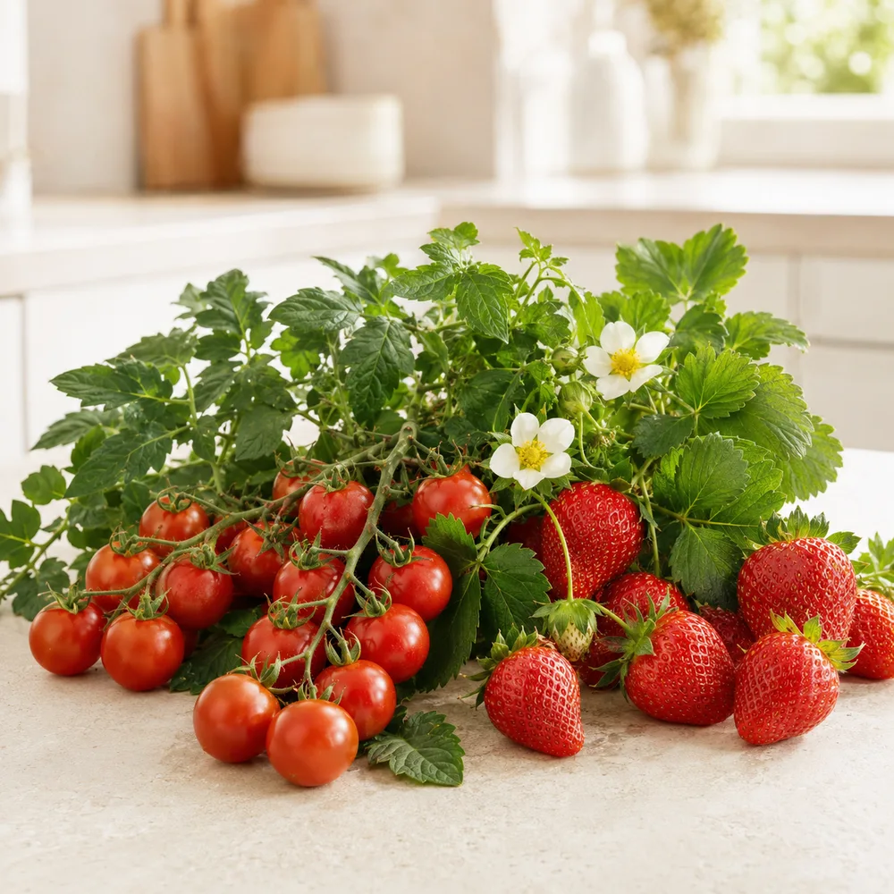 Chillies, dwarf tomatoes and strawberries growing in the tower